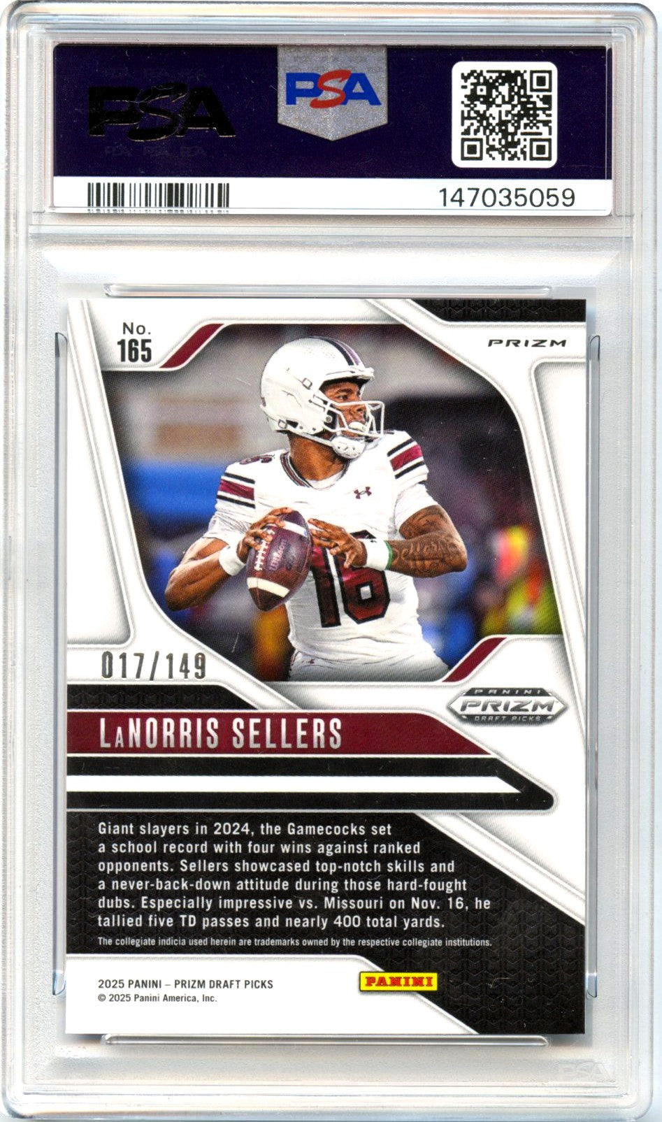 Lanrorris Sellers RC 2025 Panini Prizm Draft Blue Ice Rookie SP 17/149 PSA 10-2