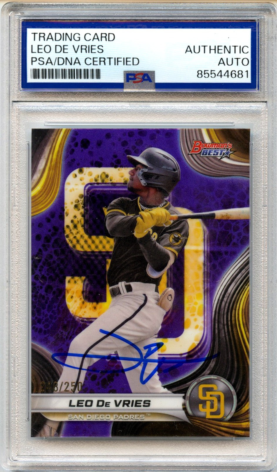 Leo De Vries 2024 Bowman's Best Purple Refractor In Person Auto 248/250 PSA Authentic