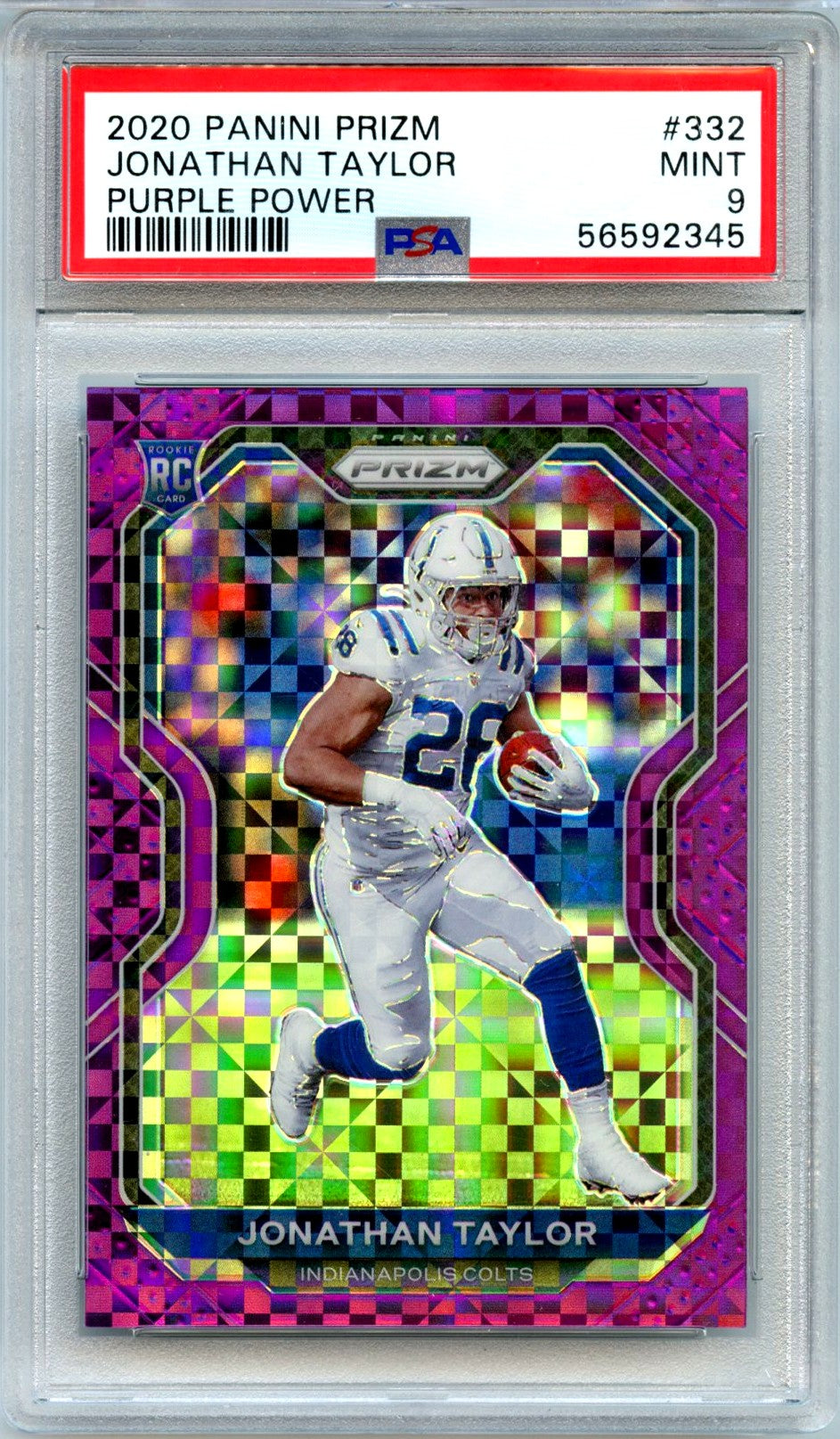 Jonathan Taylor RC 2020 Panini Prizm Purple Power Rookie SP 12/49 PSA 9