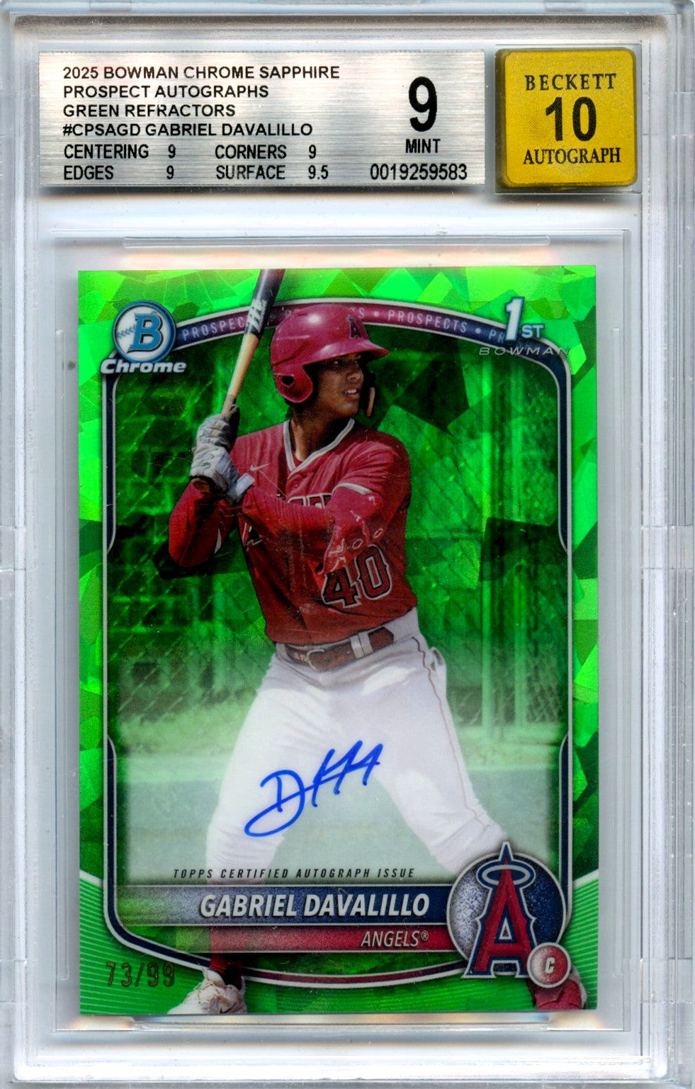 Gabriel Davalillo RC 2025 1st Bowman Chrome Sapphire Green Prospect Rookie Auto 73/99 BGS 9