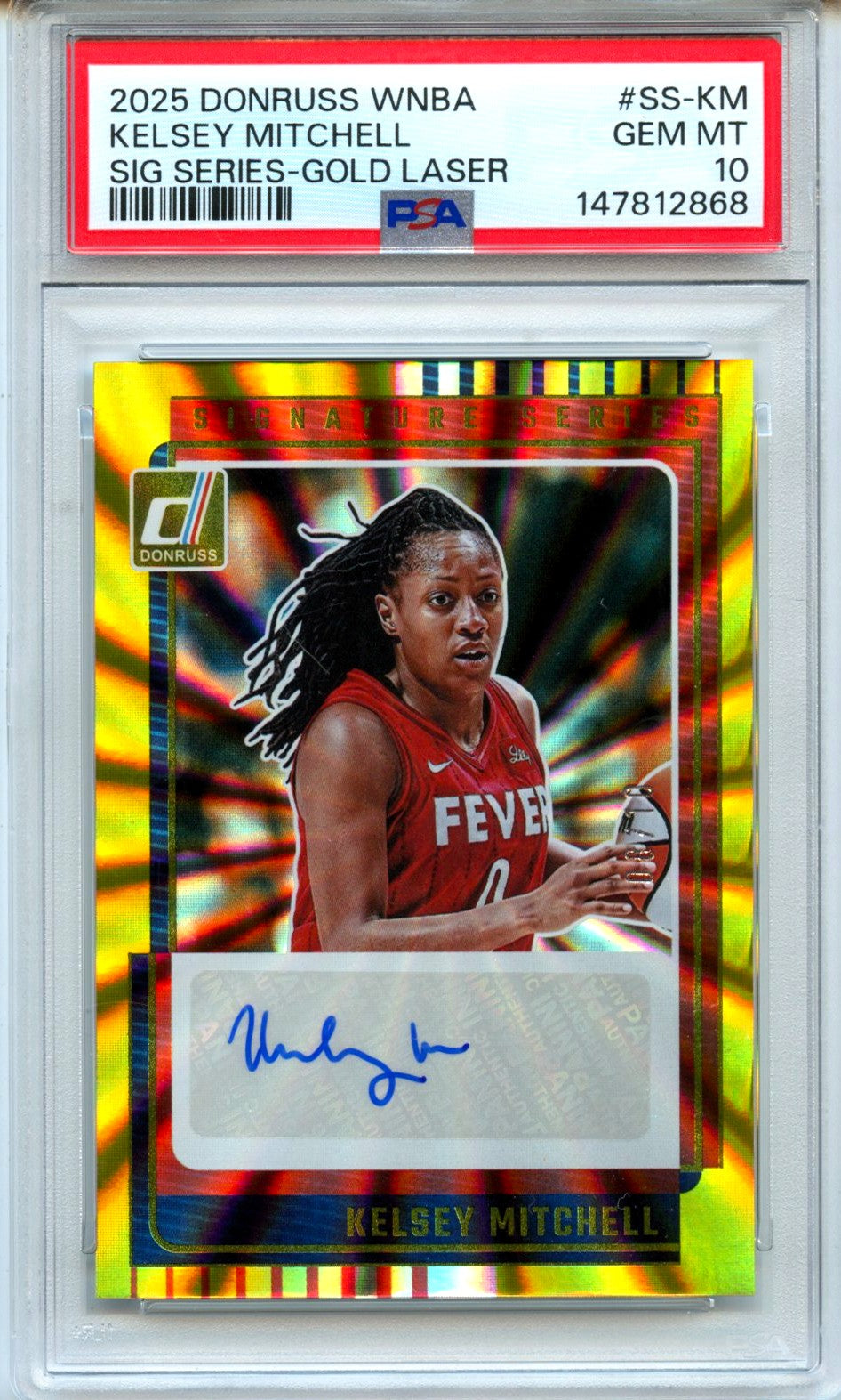 Kelsey Mitchell 2025 Donruss WNBA Gold Laser Signature Series Auto SP 8/10 PSA 10