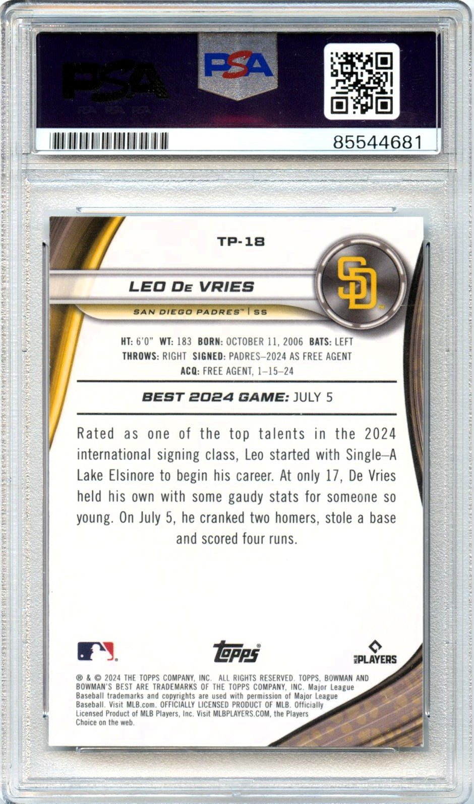 Leo De Vries 2024 Bowman's Best Purple Refractor In Person Auto 248/250 PSA Authentic