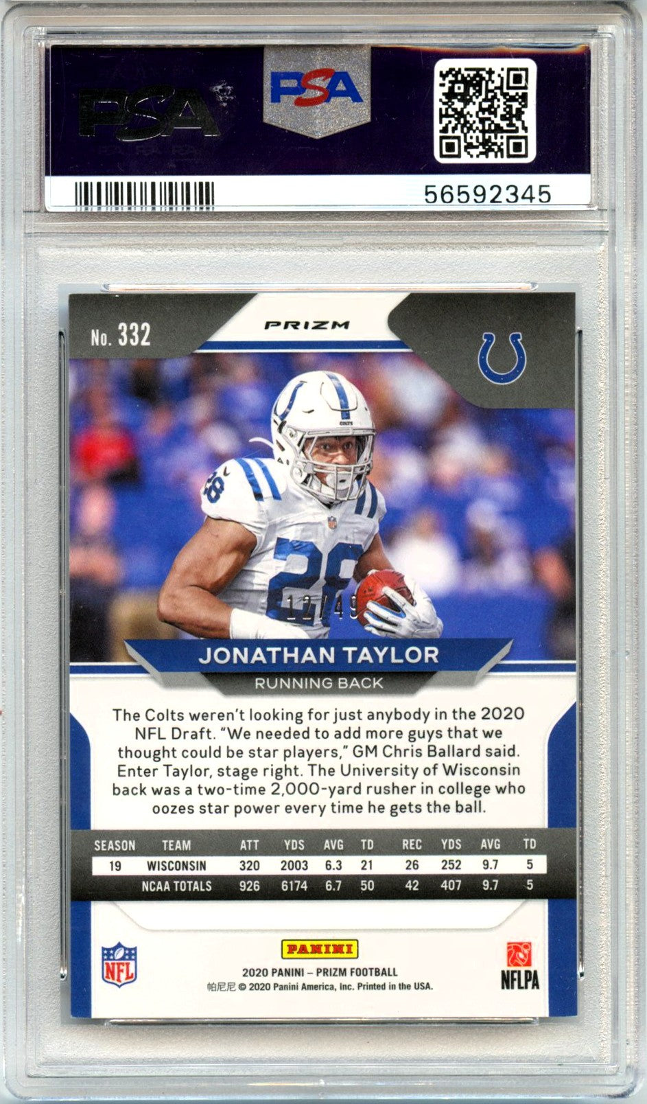 Jonathan Taylor RC 2020 Panini Prizm Purple Power Rookie SP 12/49 PSA 9-2