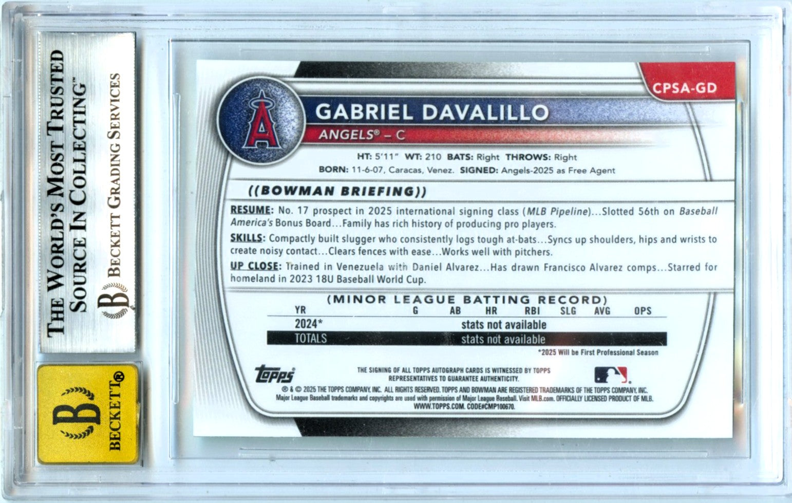 Gabriel Davalillo RC 2025 1st Bowman Chrome Sapphire Green Prospect Rookie Auto 73/99 BGS 9