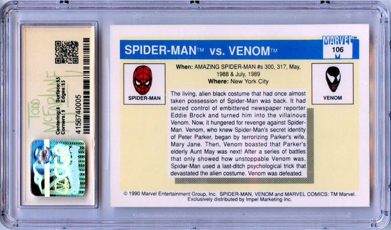 Tod Mcfarlane Spider-Man Vs Venom 1990 Marvel Universe In Person Auto CGC 8.5 Authentic-2