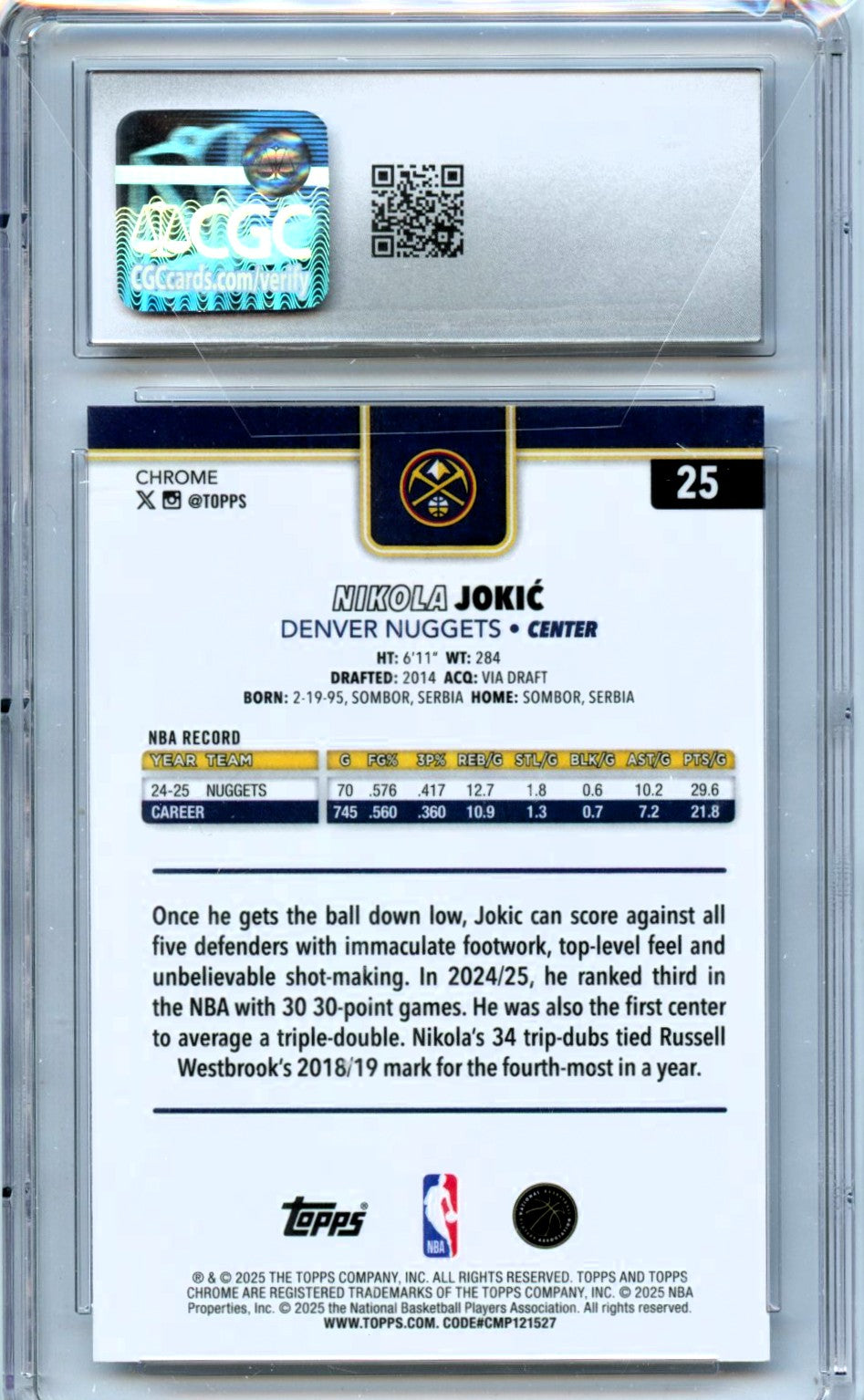 Luka Doncic 2025 Topps Chrome Refractor #25 CGC 10