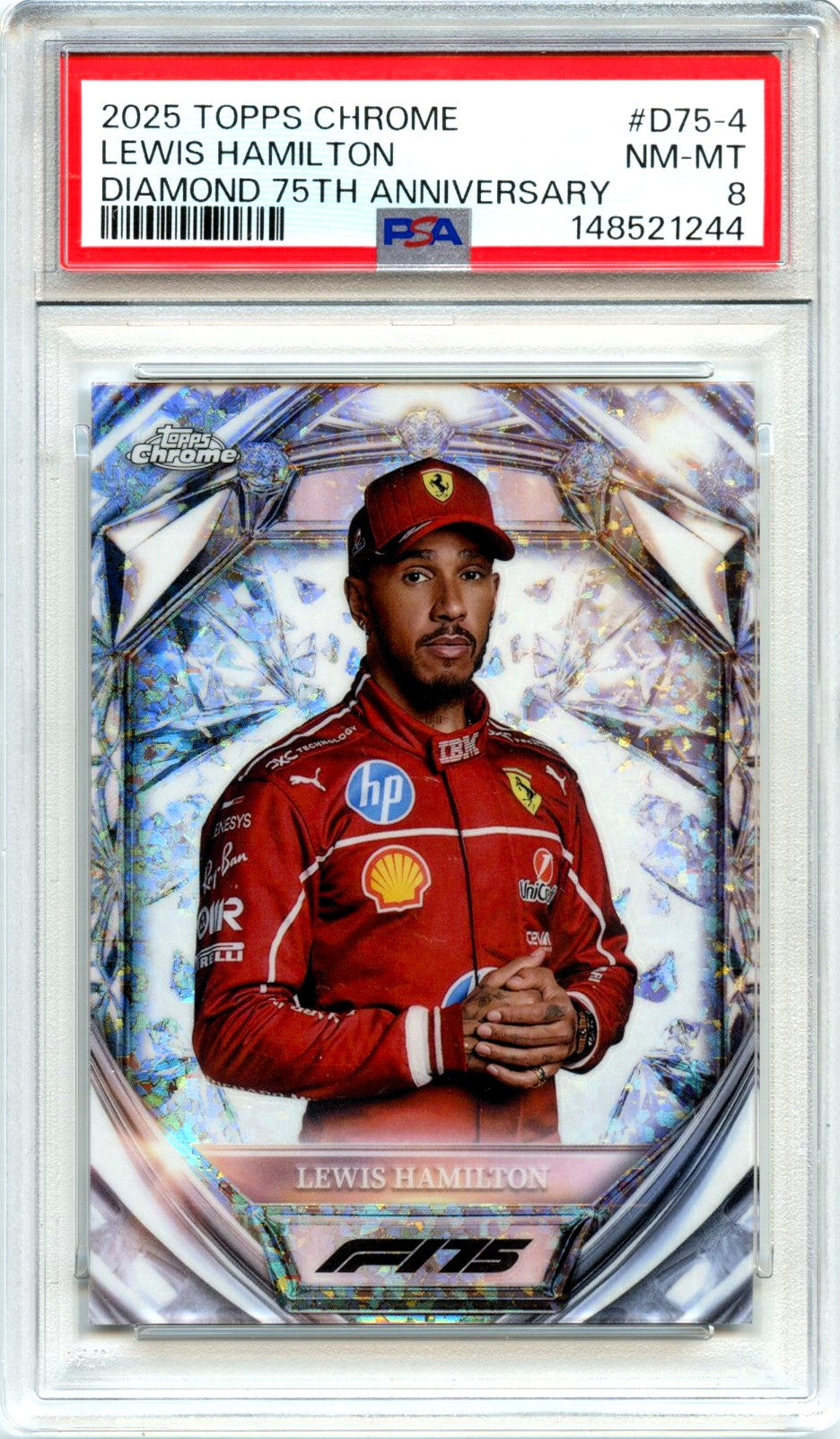 Lewis Hamilton 2025 Topps Chrome F1 Diamond 75th Anniversary PSA 8-1