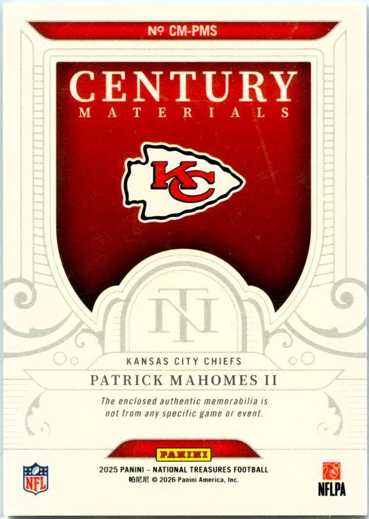 Patrick Mahomes II 2025 National Treasures Century Materials Jersey Patch SP 63/99