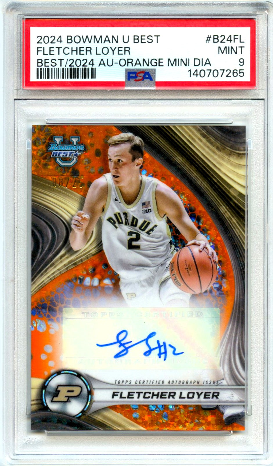 Fletcher Loyer RC 2024-25 Bowman U Best Orange Geometric Rookie Auto SP 8/25 PSA 9