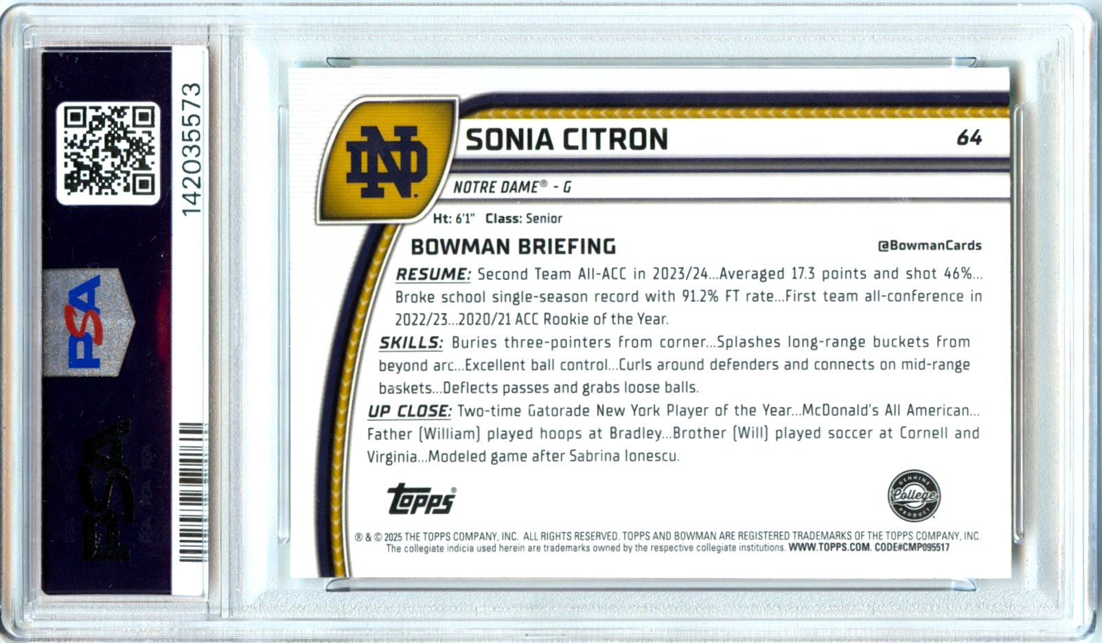 Sonia Citron RC 2024-25 Bowman U Chrome Green Shimmer Rookie #64 PSA 10-2