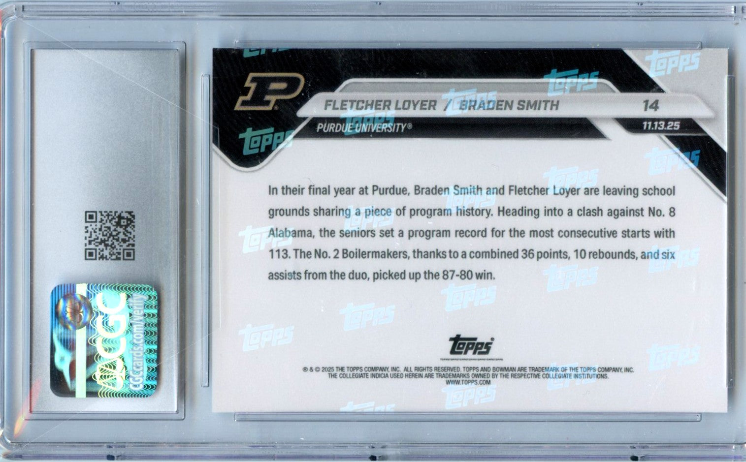 Fletcher Loyer Braden Smith 2025 Bowman U Now Rookie #14 CGC 10