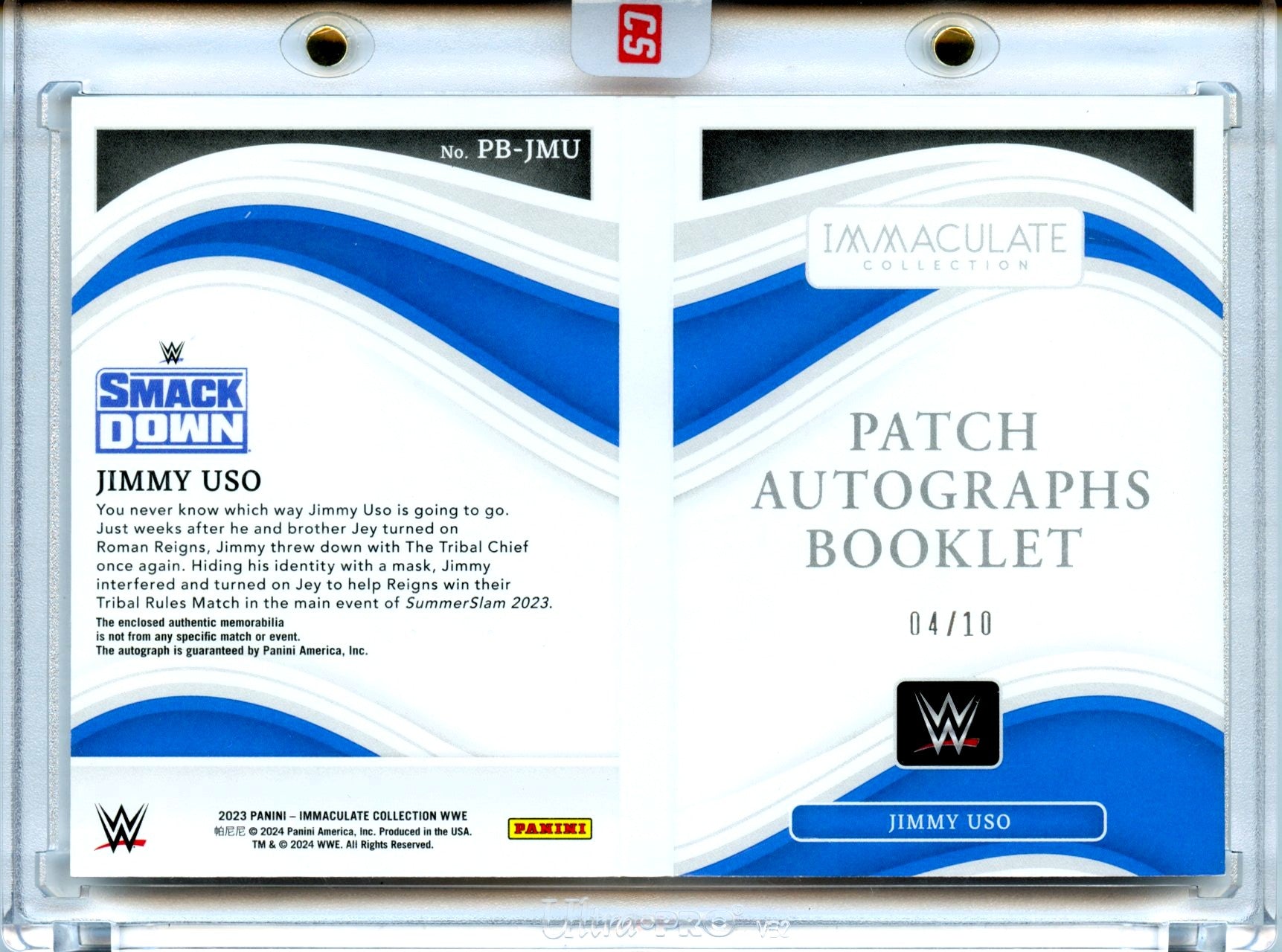 Jimmy Uso 2023 Immaculate WWE Booklet Gold Patch Auto SP 4/10