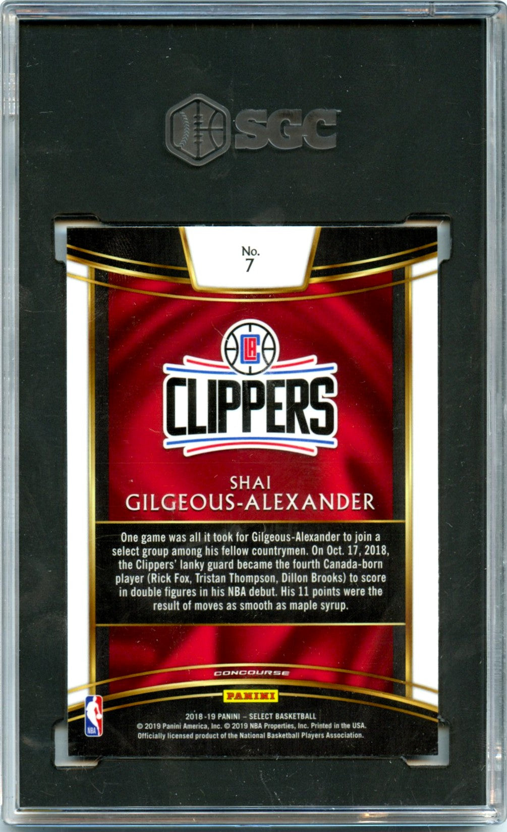 Shai Gilgeous-Alexander RC 2018-19 Panini Select Concourse Rookie #7 SGC 10-2