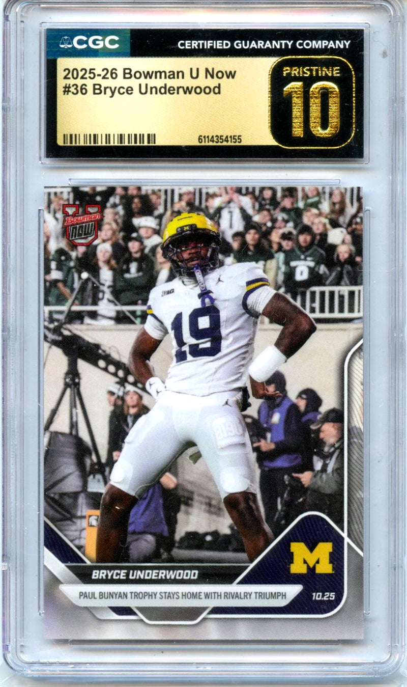 Bryce Underwood RC 2025 Bowman U Now Rookie #36 CGC 10 Pristine-1