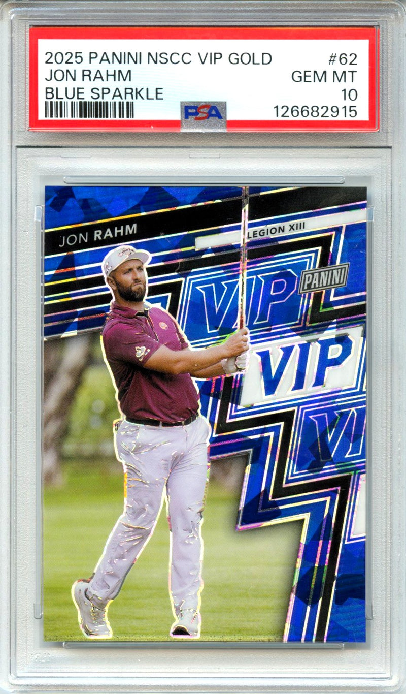 Jon Rahm 2025 Panini National Gold Pack Blue Ice Sparkle SP 21/75 PSA 10-1