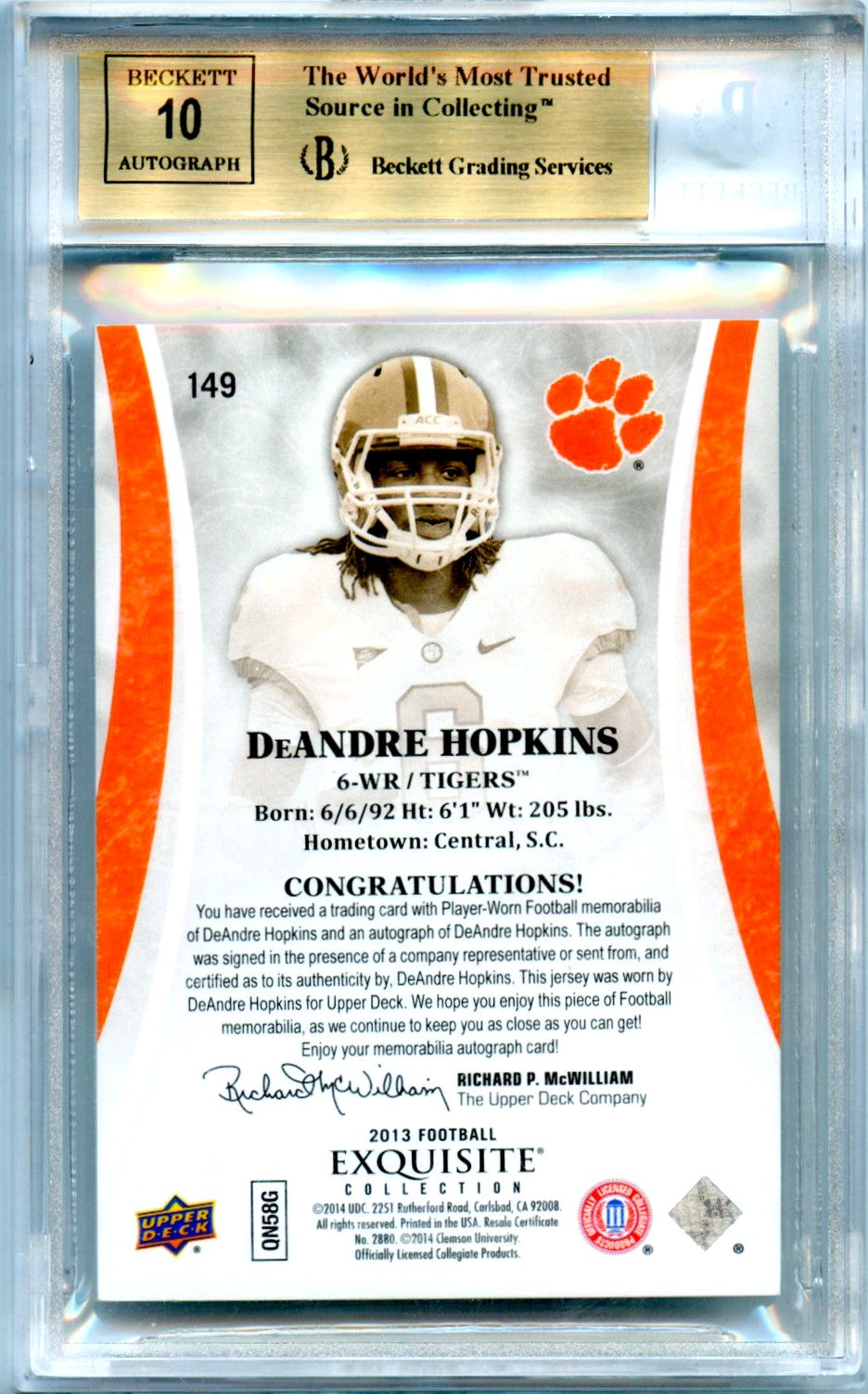 Deandre Hopkins RC 2013 UD Exquisite Rookie Jersey Patch Auto SP 56/99 BGS 9.5-2