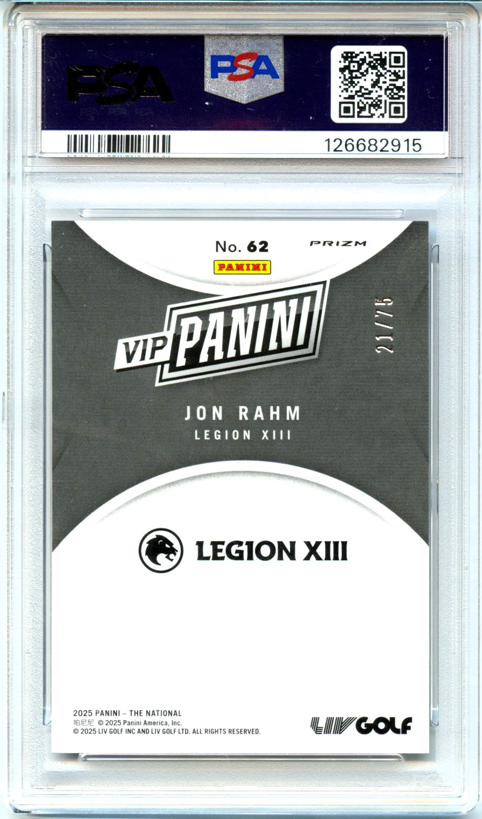 Jon Rahm 2025 Panini National Gold Pack Blue Ice Sparkle SP 21/75 PSA 10-2
