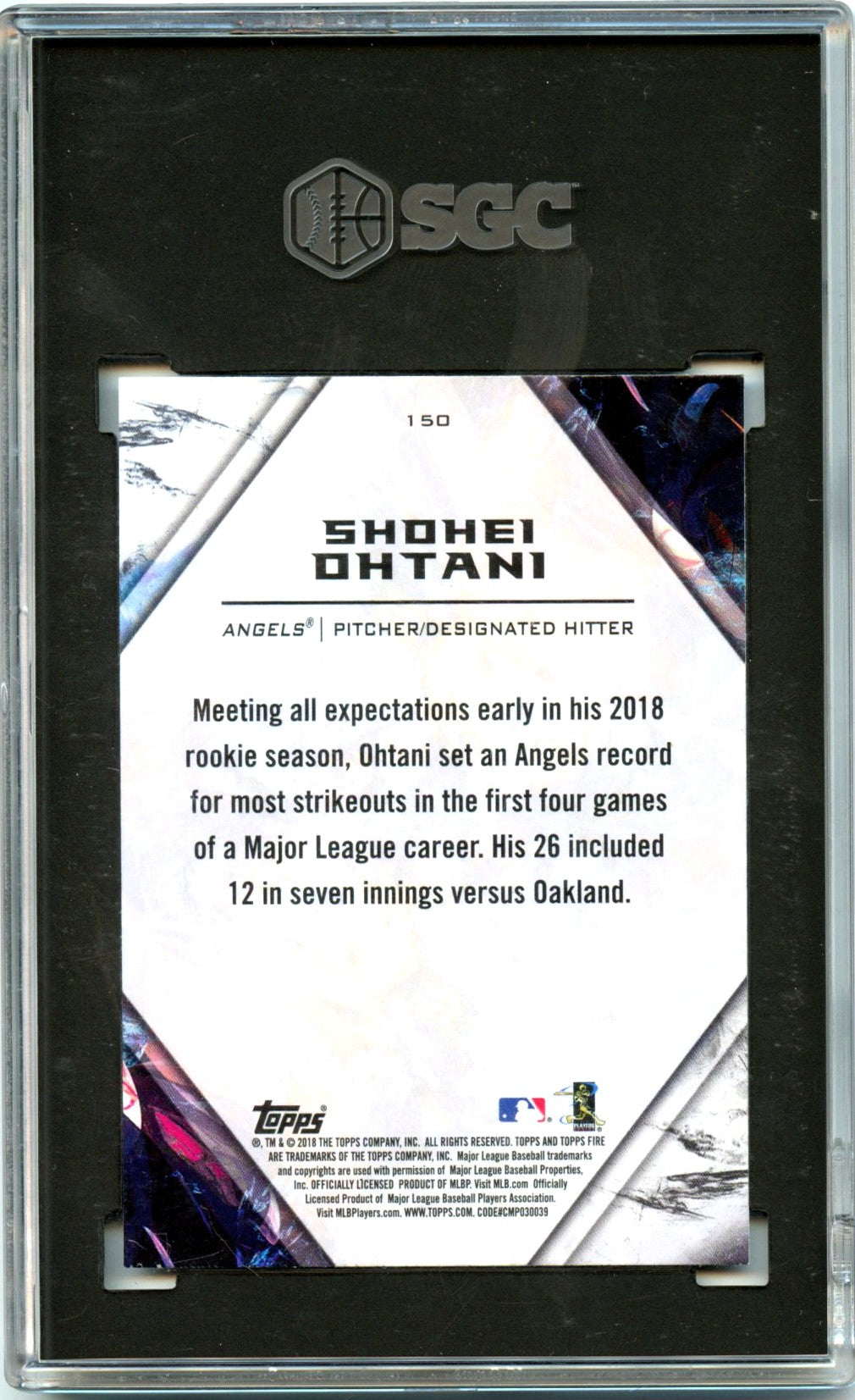 Shohei Ohtani RC 2018 Topps Fire Rookie #150 SGC 9.5