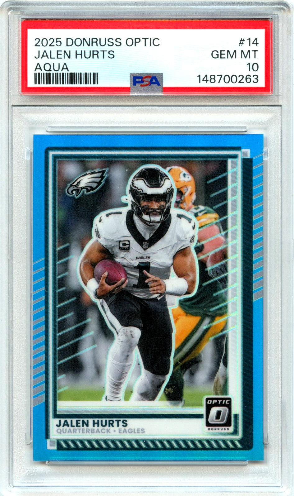 Jalen Hurts 2025 Donruss Optic Aqua Prizm SP 312/349 PSA 10