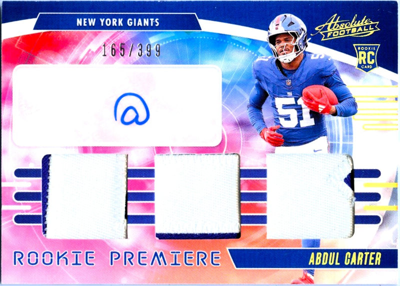 Abdul Carter RC 2025 Panini Absolute Triple Rookie Premier Patch Auto SP 165/399-1