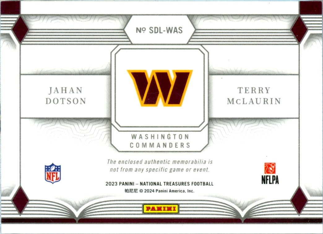Terry Mclaurin Jahan Dotson 2023 National Treasures Platinum Dual NFL Shield Patch SP 1/1-2