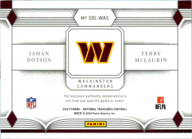 Terry Mclaurin Jahan Dotson 2023 National Treasures Platinum Dual NFL Shield Patch SP 1/1-2