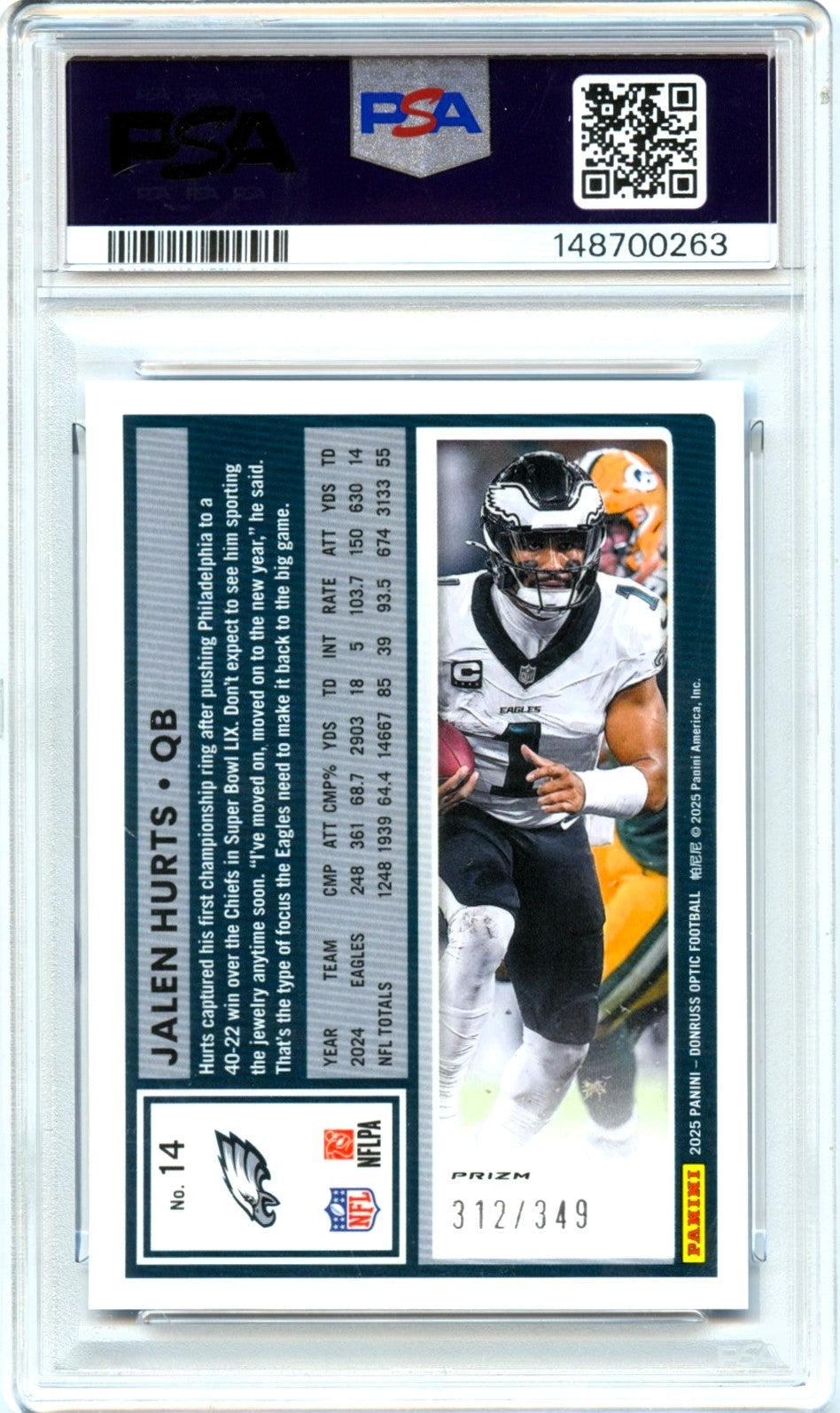 Jalen Hurts 2025 Donruss Optic Aqua Prizm SP 312/349 PSA 10-2