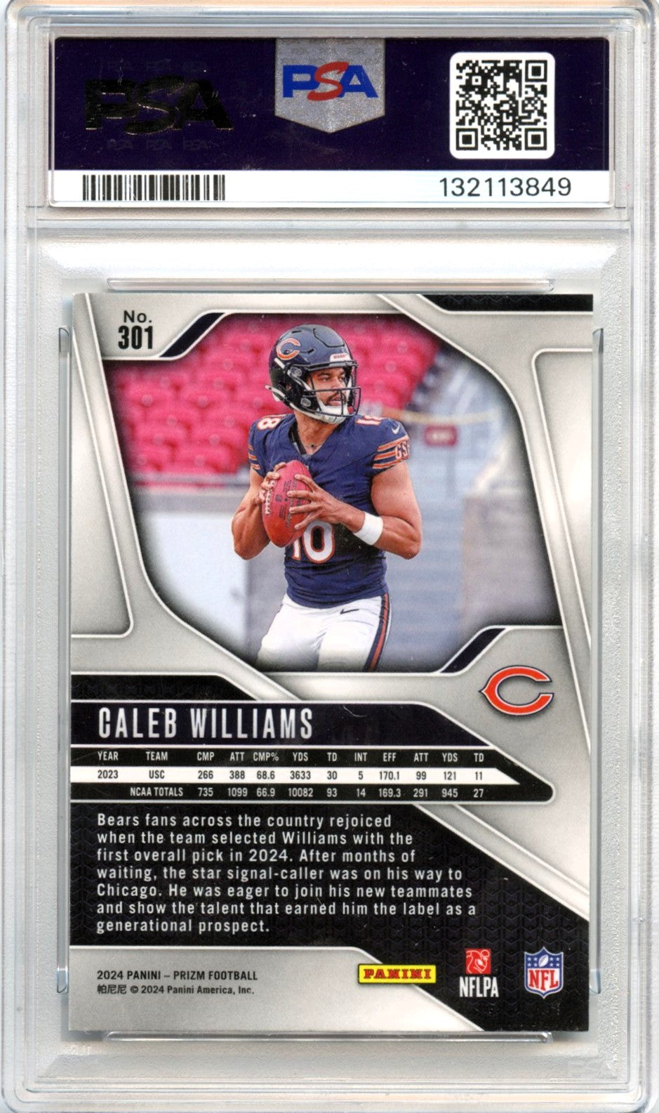 Caleb Williams RC 2024 Panini Prizm Rookie #301 PSA 10