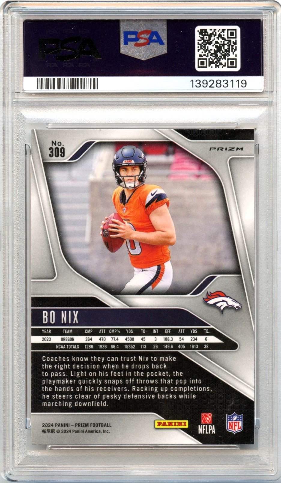 Bo Nix RC 2024 Panini Prizm Orange No Huddle Disco Rookie #309 PSA 10