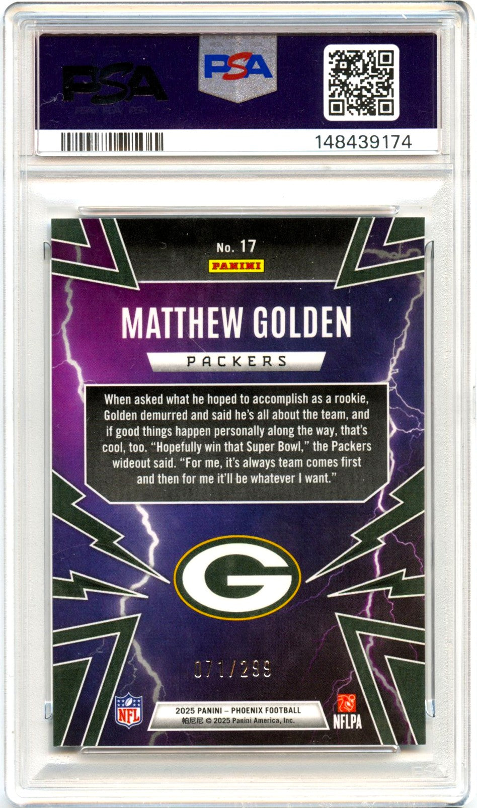 Matthew Golden RC 2025 Panini Phoenix Wave Thunderbirds Rookie SP 71/299 PSA 10-2