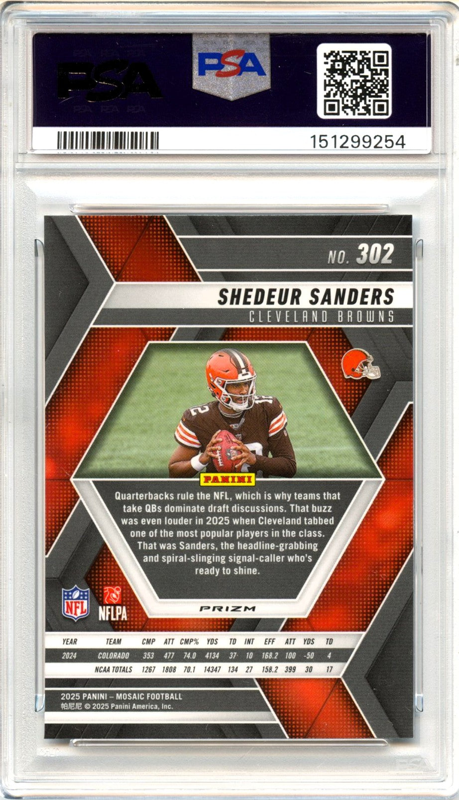 Shedeur Sanders RC 2025 Panini Mosaic Silver Rookie #302 PSA 10-2