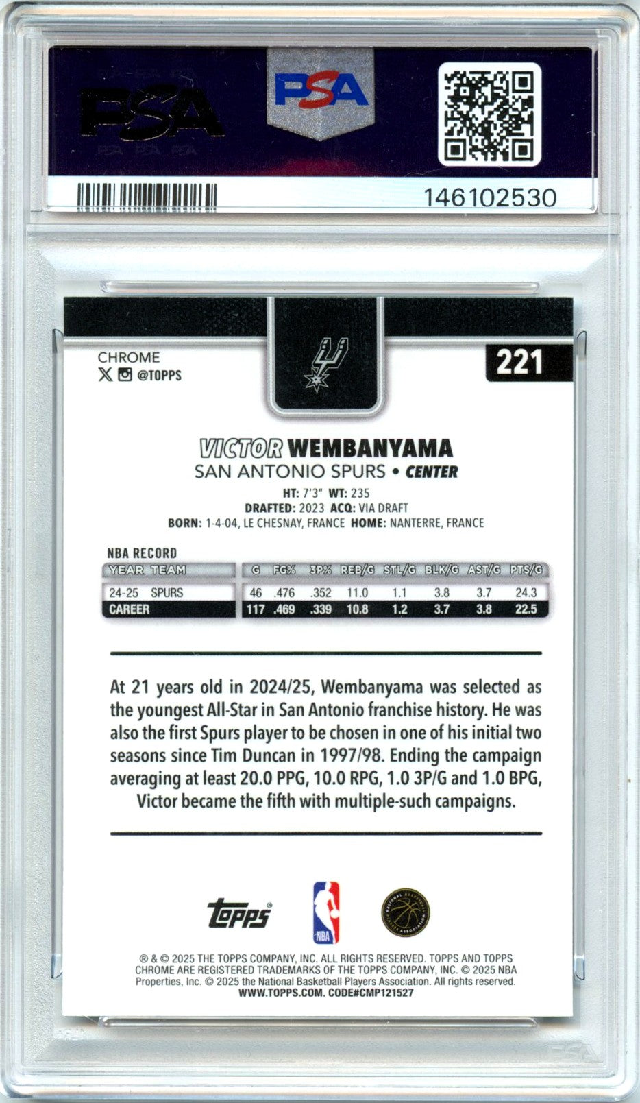 Victor Wembanyama 2025-26 Topps Chrome Refractor #221 PSA 8