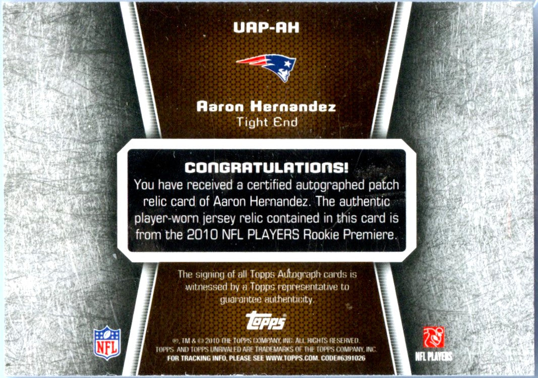 Aaron Hernandez RC 2010 Topps Unrivaled Rookie Jersey Patch Auto SP 138/149-2