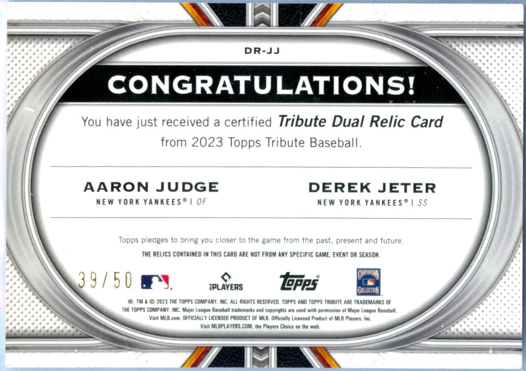 Aaron Judge Derek Jeter 2023 Topps Tribute Purple Dual Game Used Patch SP 39/50-2