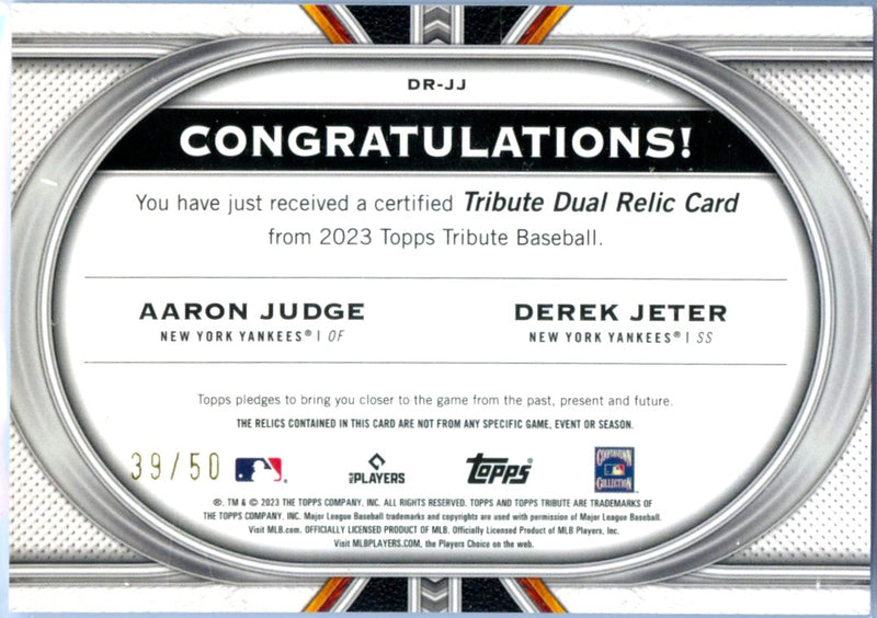 Aaron Judge Derek Jeter 2023 Topps Tribute Purple Dual Game Used Patch SP 39/50-2