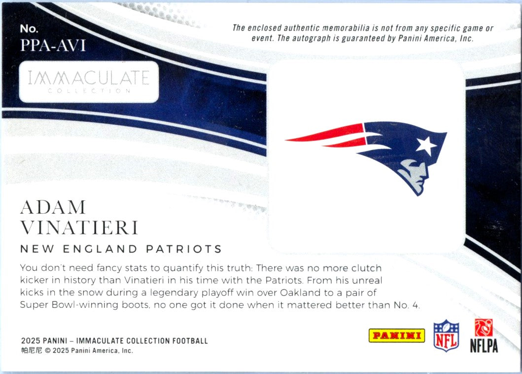 Adam Vinatieri 2025 Immaculate Gold Premium Patch Auto SP 2/10