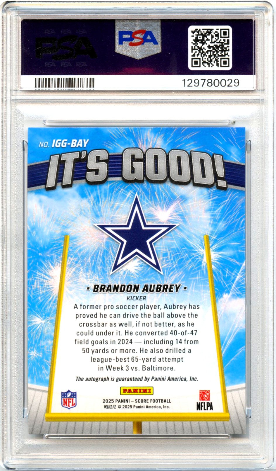 Brandon Aubrey 2025 Panini Score It's Good! Auto PSA 8-2
