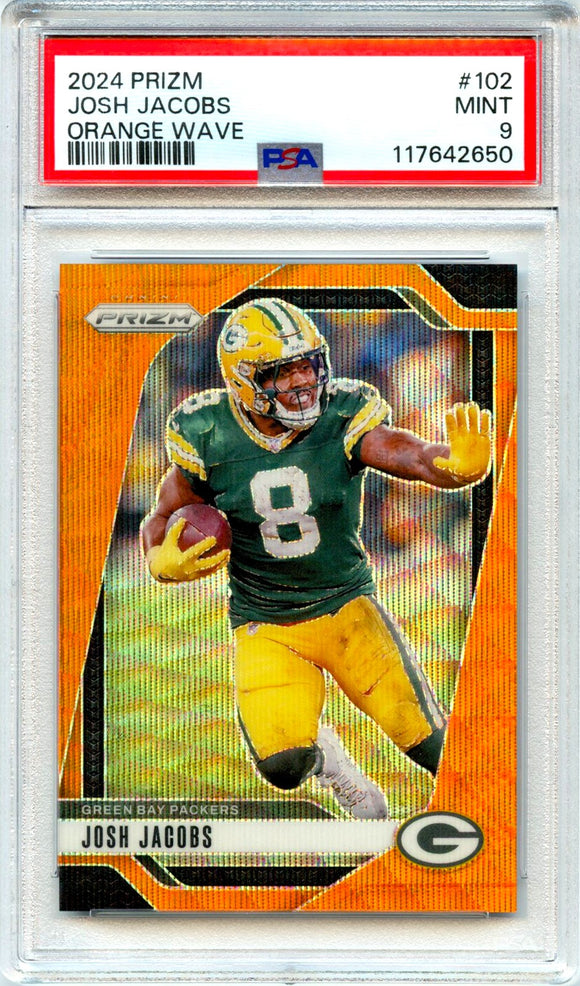 Product Josh Jacobs 2024 Panini Prizm Orange Wave SP 15/60 PSA 9 Link