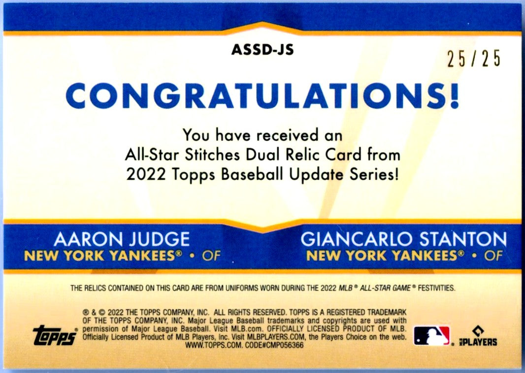 Aaron Judge Giancarlo Stanton 2022 Topps All Star Stitches Dual Event Used Patch SP 25/25