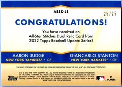 Aaron Judge Giancarlo Stanton 2022 Topps All Star Stitches Dual Event Used Patch SP 25/25-2