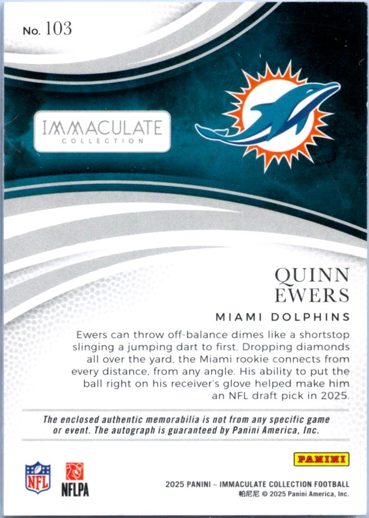 Quinn Ewers RC 2025 Immaculate Rookie Patch Auto SP 95/99-2