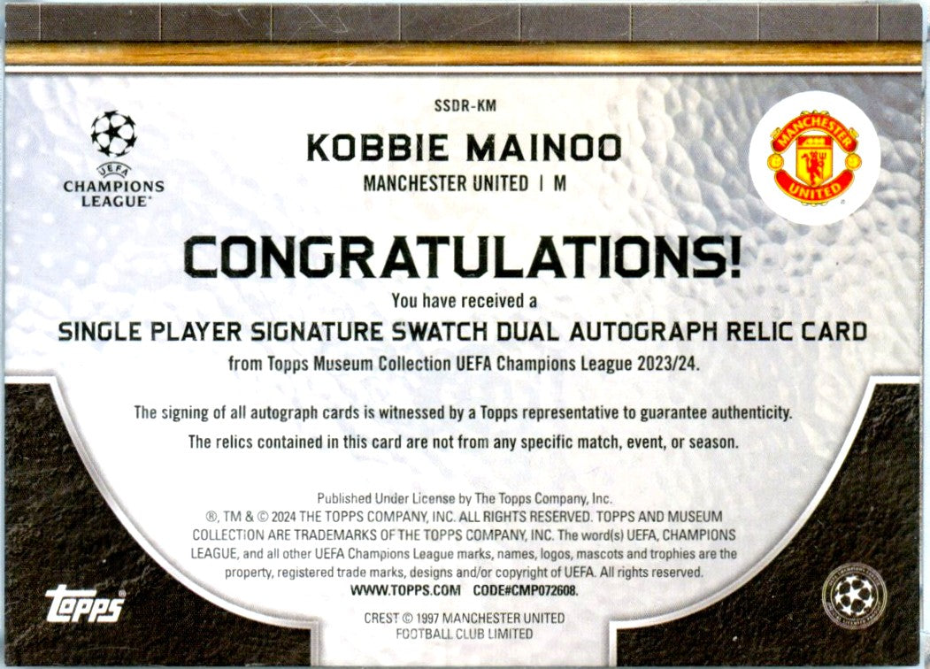 Kobbie Mainoo 2023-24 Topps Museum Collection Game Used Patch Auto SP 5/299-2