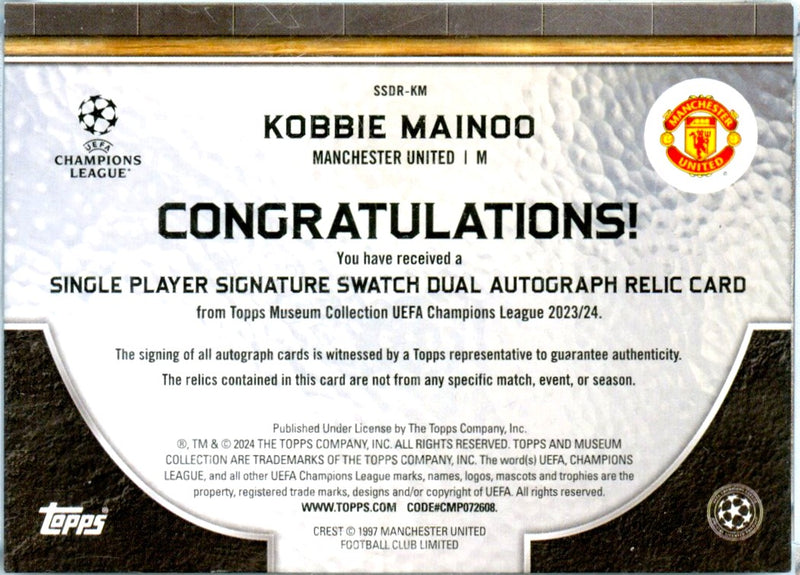 Kobbie Mainoo 2023-24 Topps Museum Collection Game Used Patch Auto SP 5/299-2