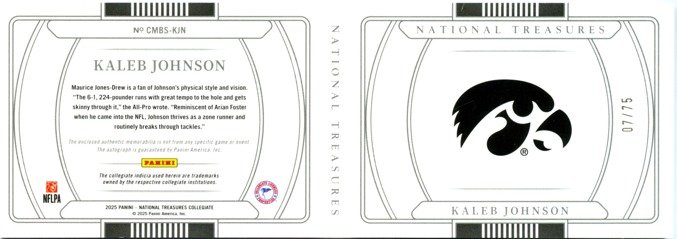 Kaleb Johnson RC 2025 National Treasures Collegiate Blue Booklet Rookie Patch Auto SP 7/75-2