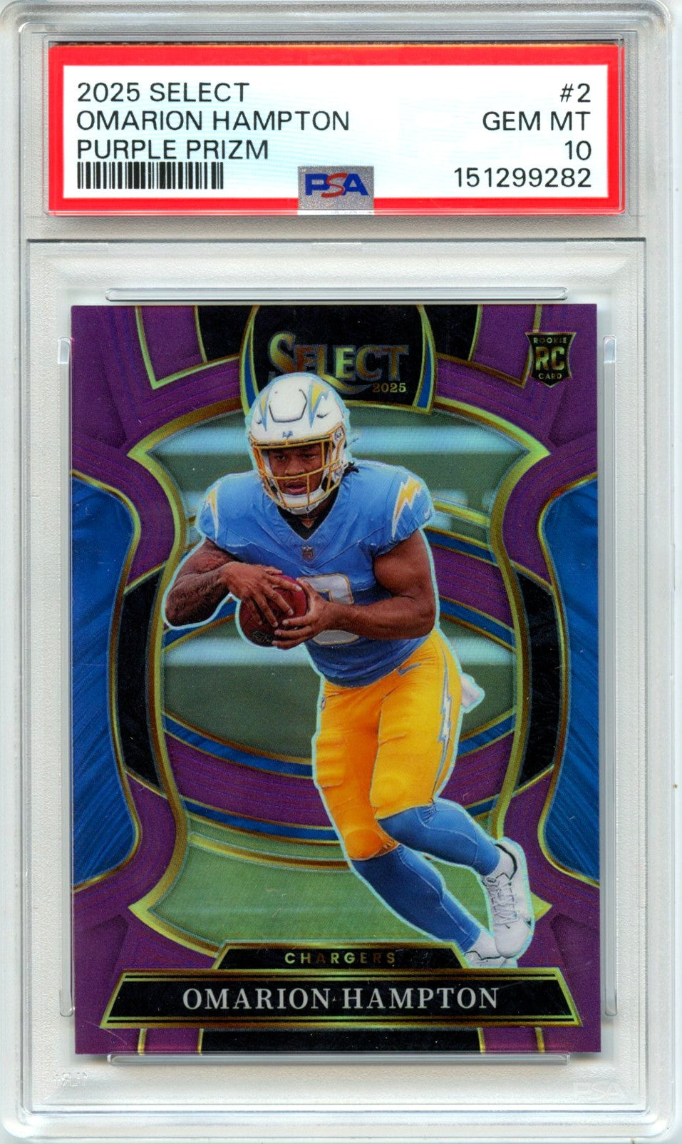 Omarion Hampton RC 2025 Panini Select Concourse Purple Rookie SP 56/75 PSA 10-1