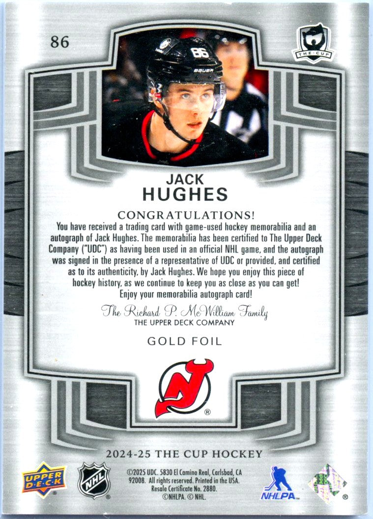 Jack Hughes 2024-25 Upper Deck The Cup Game Used Patch Auto SP 4/8-2