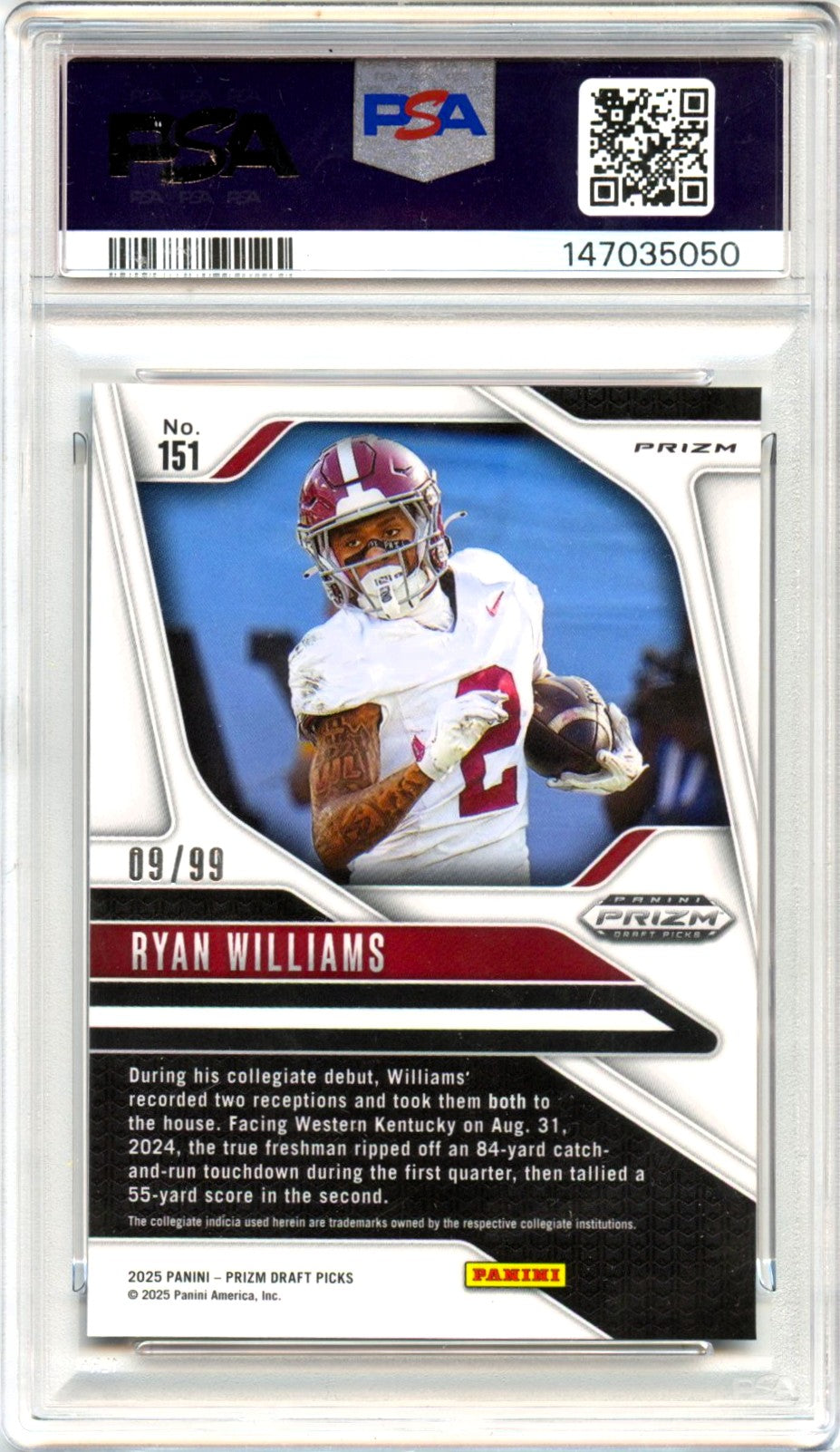 Ryan Williams RC 2025 Panini Prizm Draft Purple Rookie SP 9/99 PSA 10-2