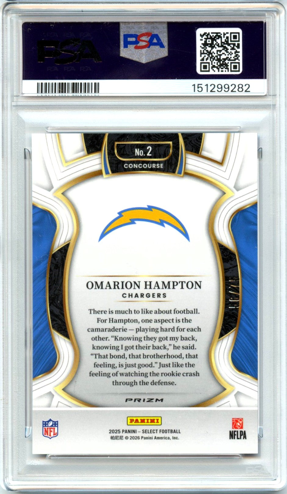 Omarion Hampton RC 2025 Panini Select Concourse Purple Rookie SP 56/75 PSA 10