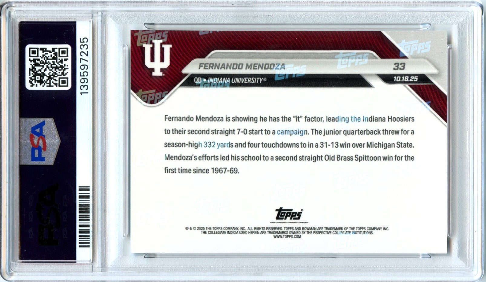 Fernando Mendoza RC 2025 Bowman U Now Rookie #33 PSA 10