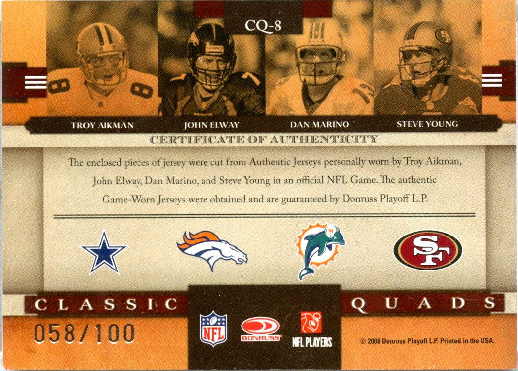 Aikman Elway Marino Young 2006 Donruss Classics Quad Patch SP 58/100-2